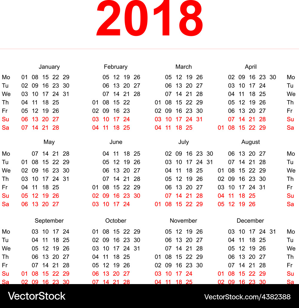 2018 calendar template vertical weeks first day – Royalty-Free