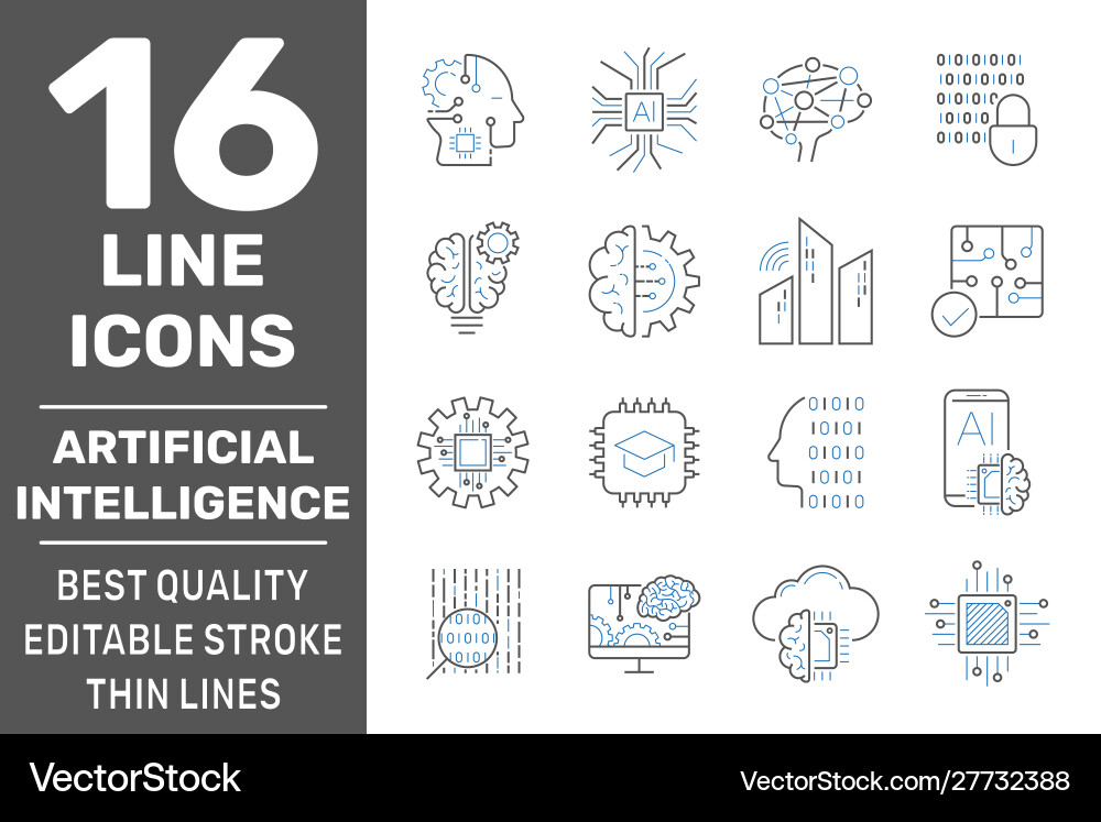 AI Brain Icon Set - Line Art Vector Image