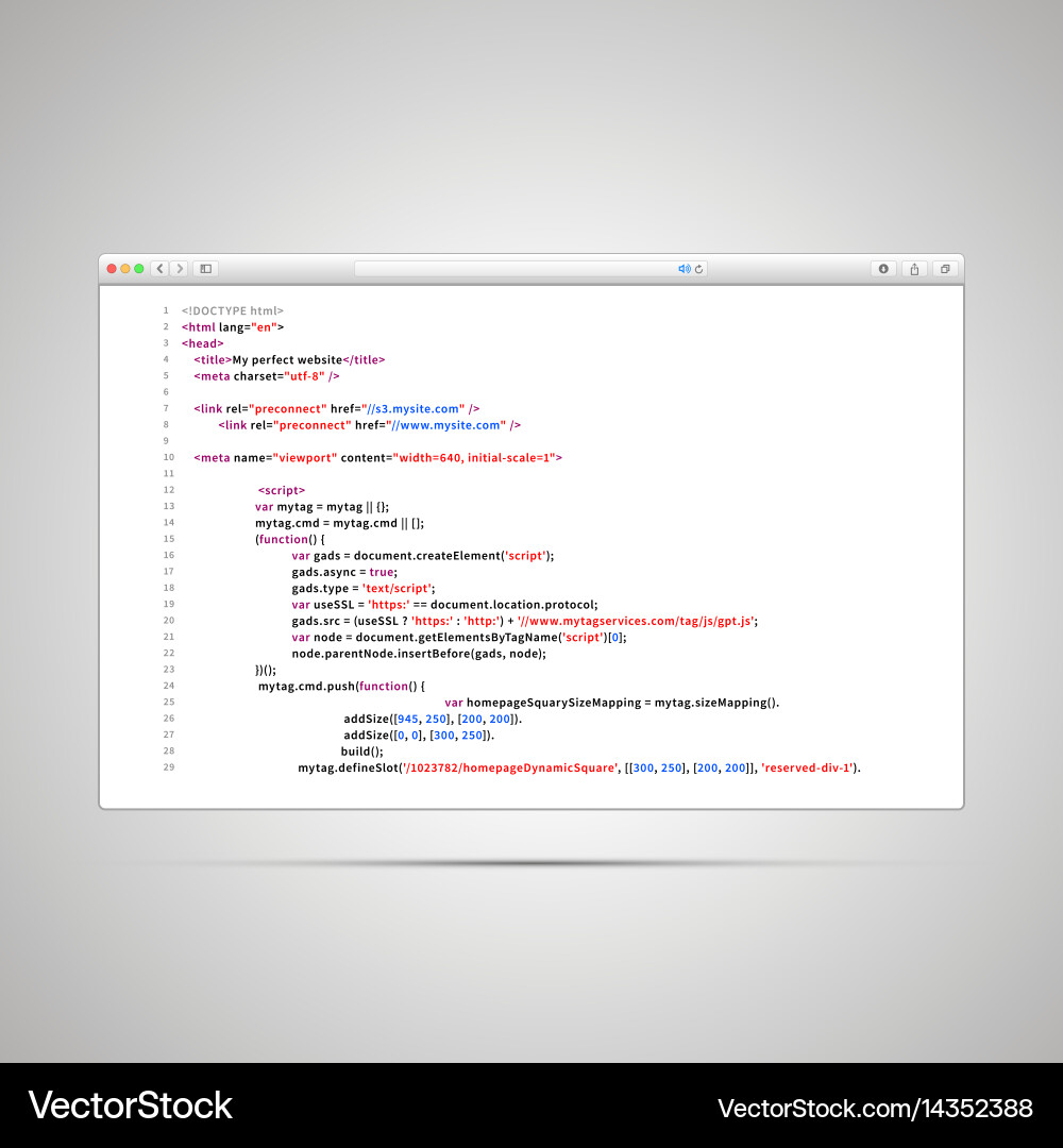 Browser window with simple html code of web page vector image