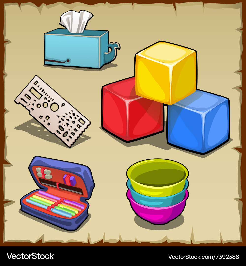 Colorful cube set and tools of the first grader vector image
