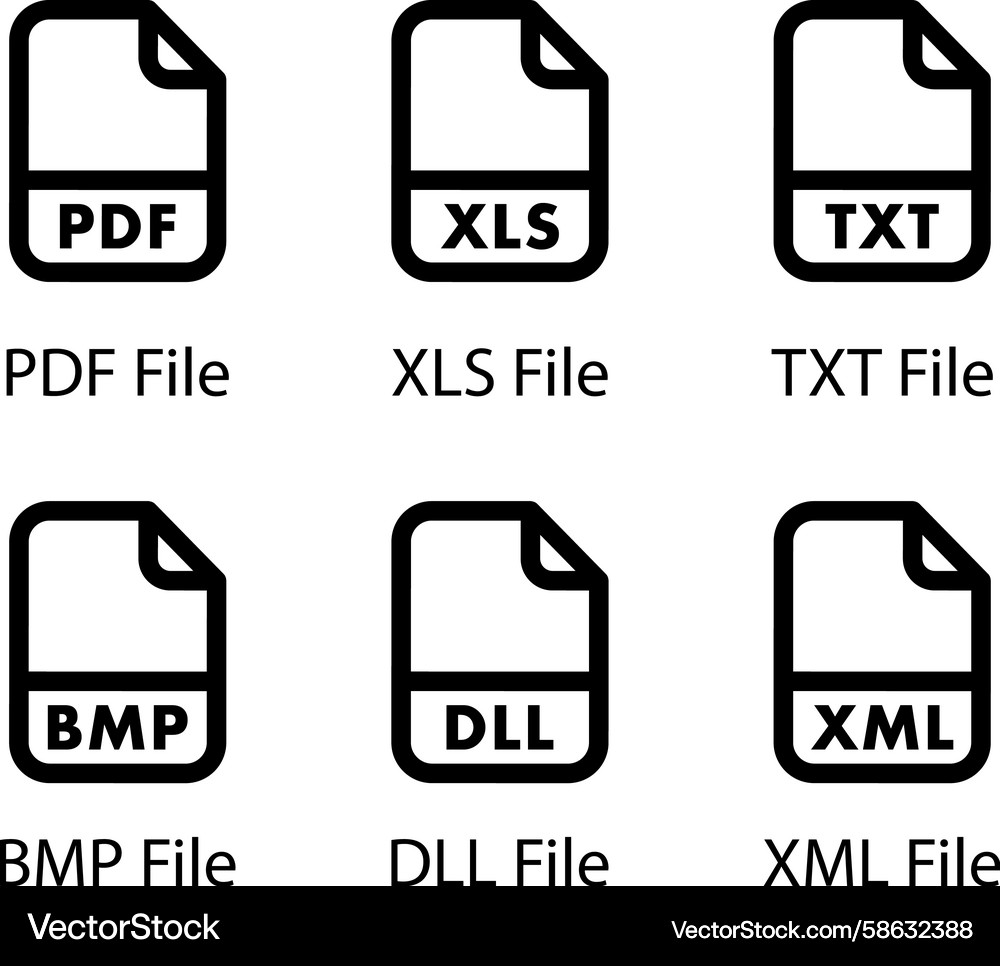 File Icon Set - PDF, XLS, TXT, BMP, XML Vector Image