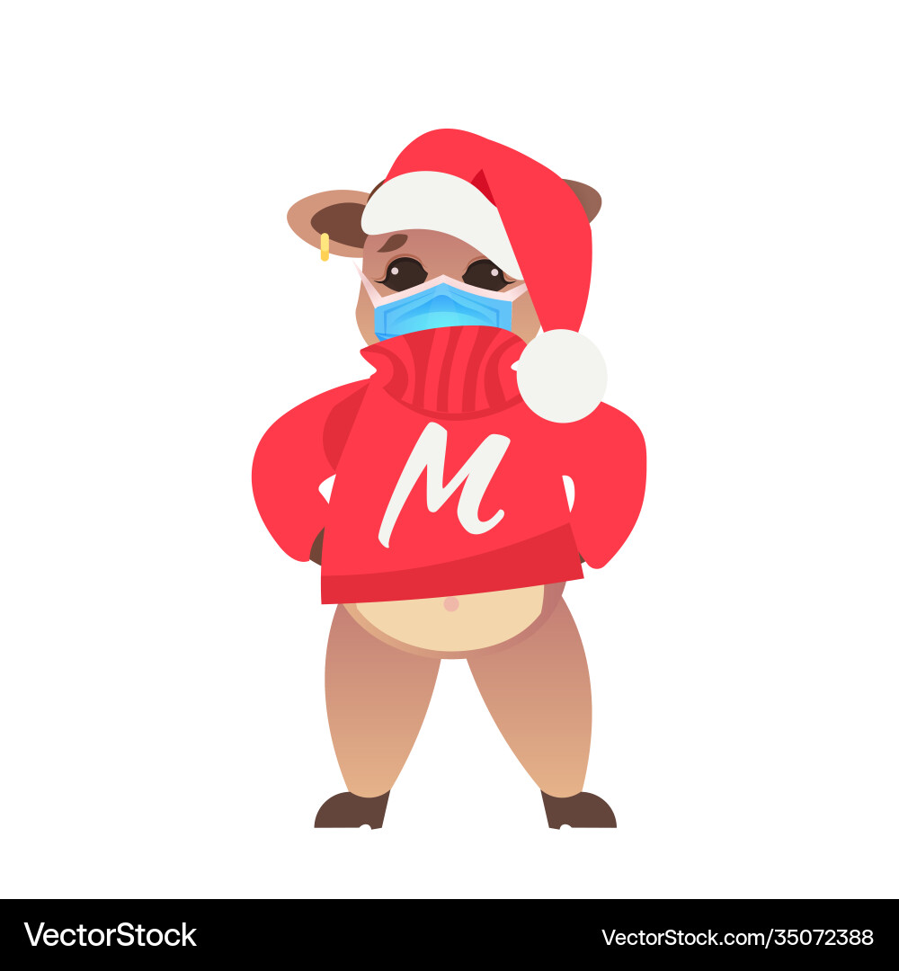 Little ox in santa hat wearing mask to prevent Little ox in santa hat wearing mask to prevent vector image