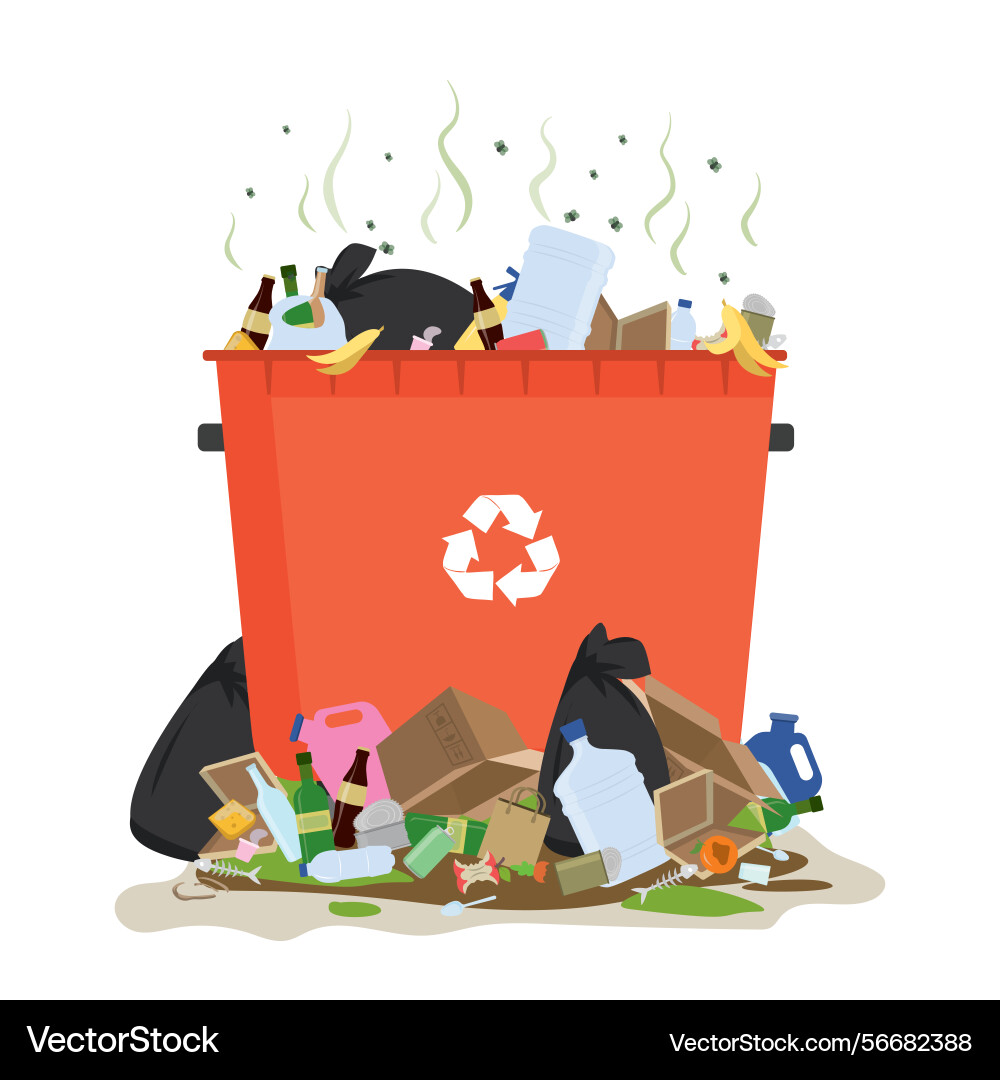 Trash can with piles of garbage dirty vector image