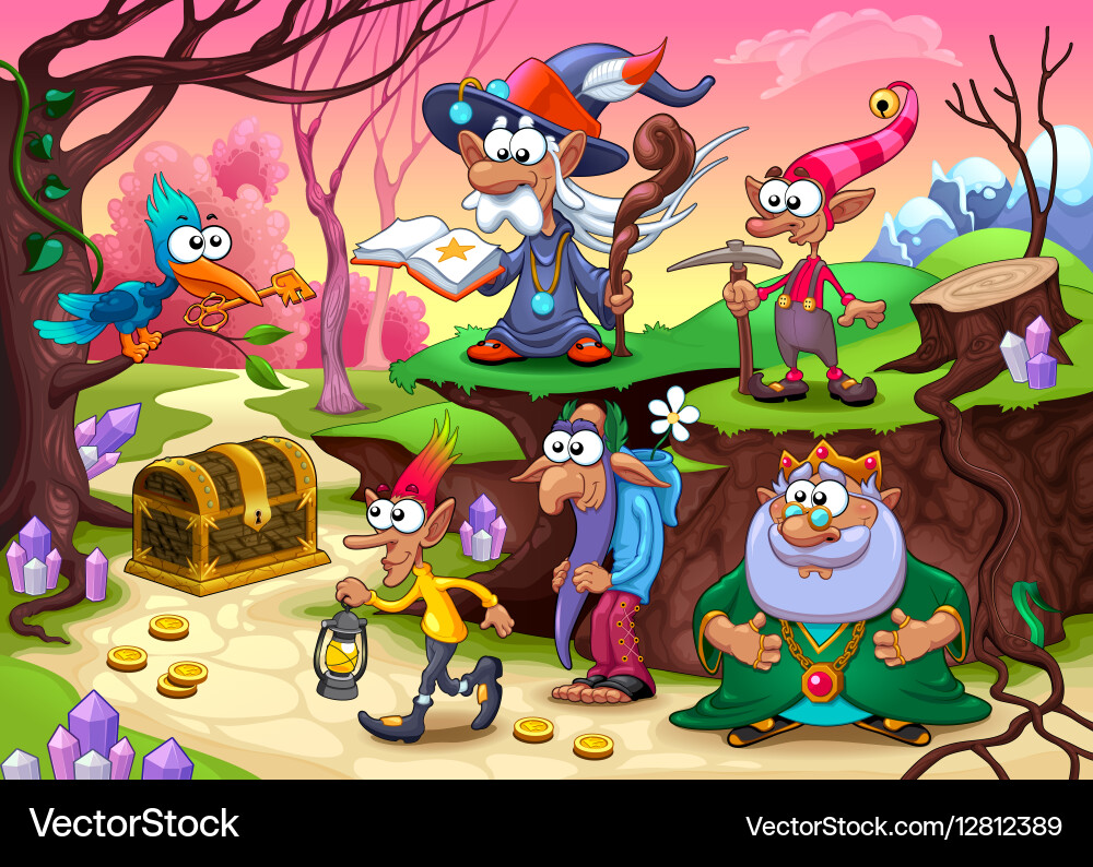 A group of dwarfs is searching for the treasure vector image
