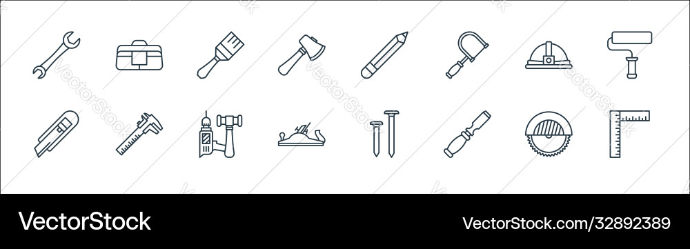 Carpentry line icons linear set quality Carpentry line icons linear set quality vector image