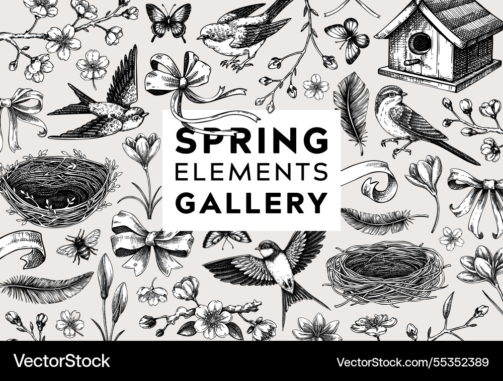 Handgezeichneter Frühling Hintergrund fliegender Vogel sakura Handgezeichneter Frühling Hintergrund fliegender Vogel sakura vektorbild