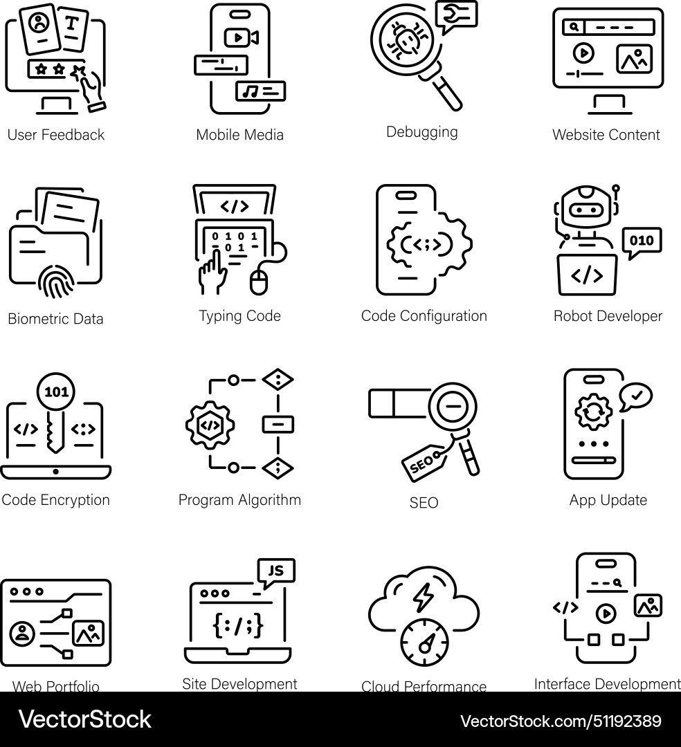 Pack of programming services linear icons vector image