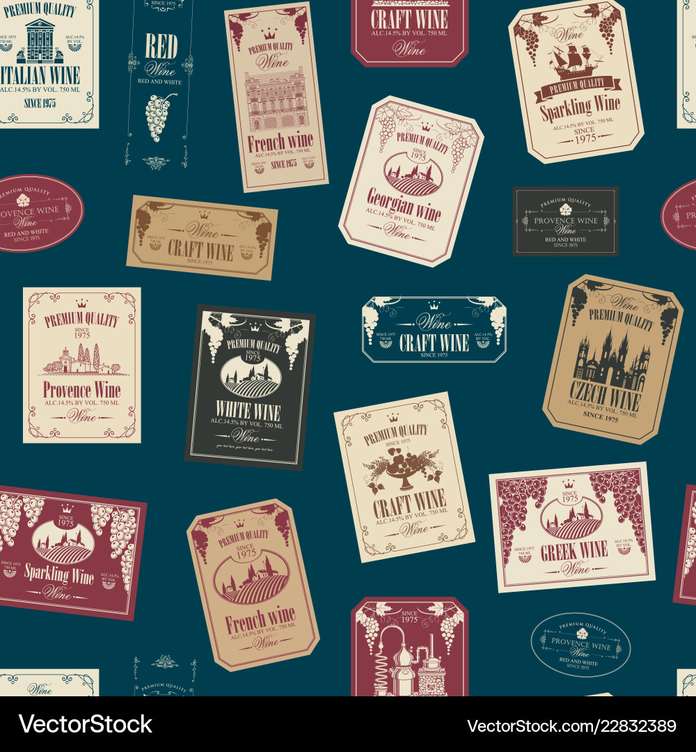 Seamless pattern with various wine labels Seamless pattern with various wine labels Vector Image