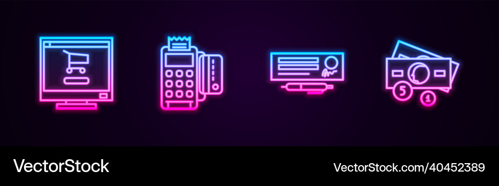 Set line shopping cart on computer pos terminal vector image