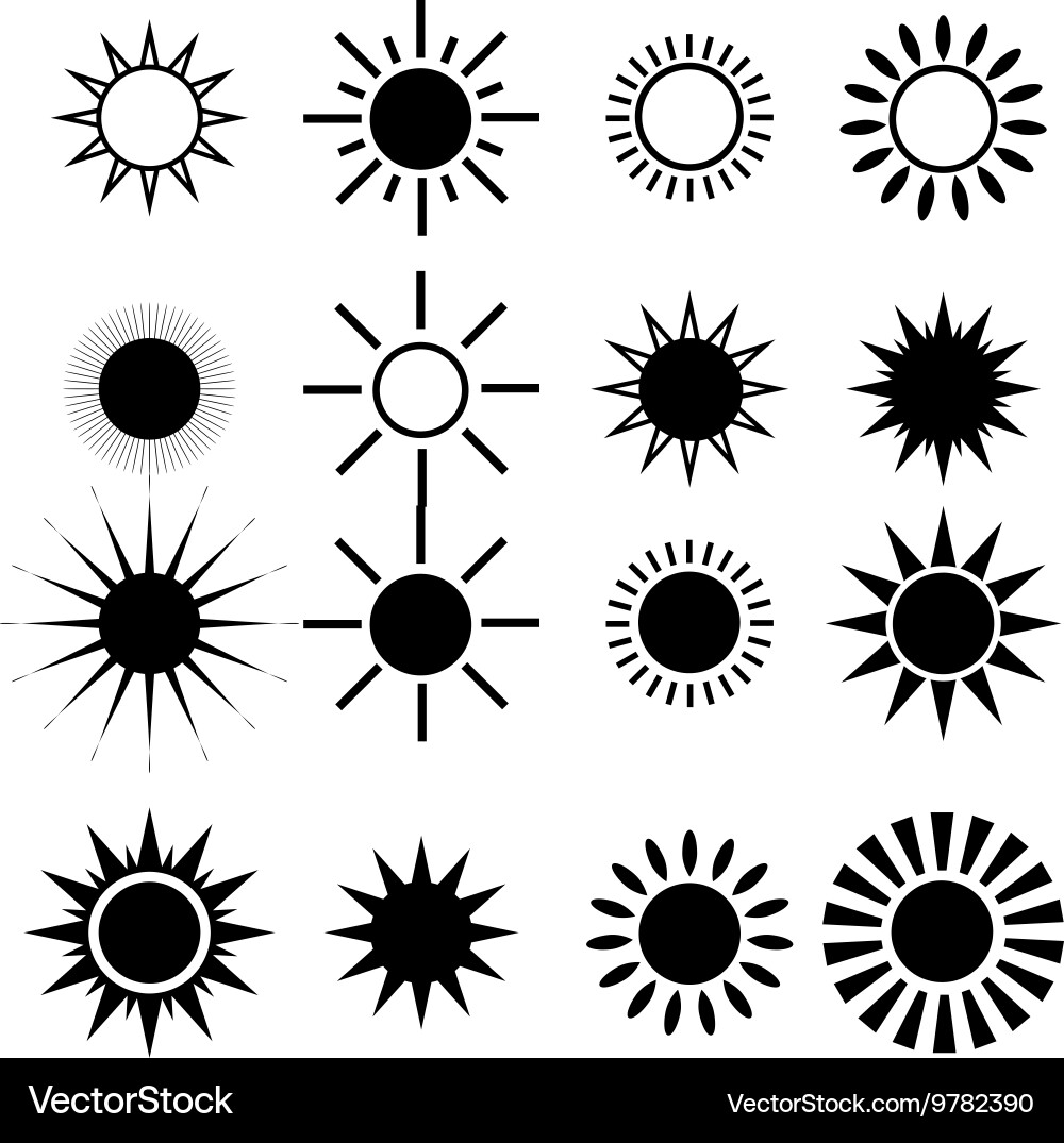 Big set of summer shining suns on the sky vector image