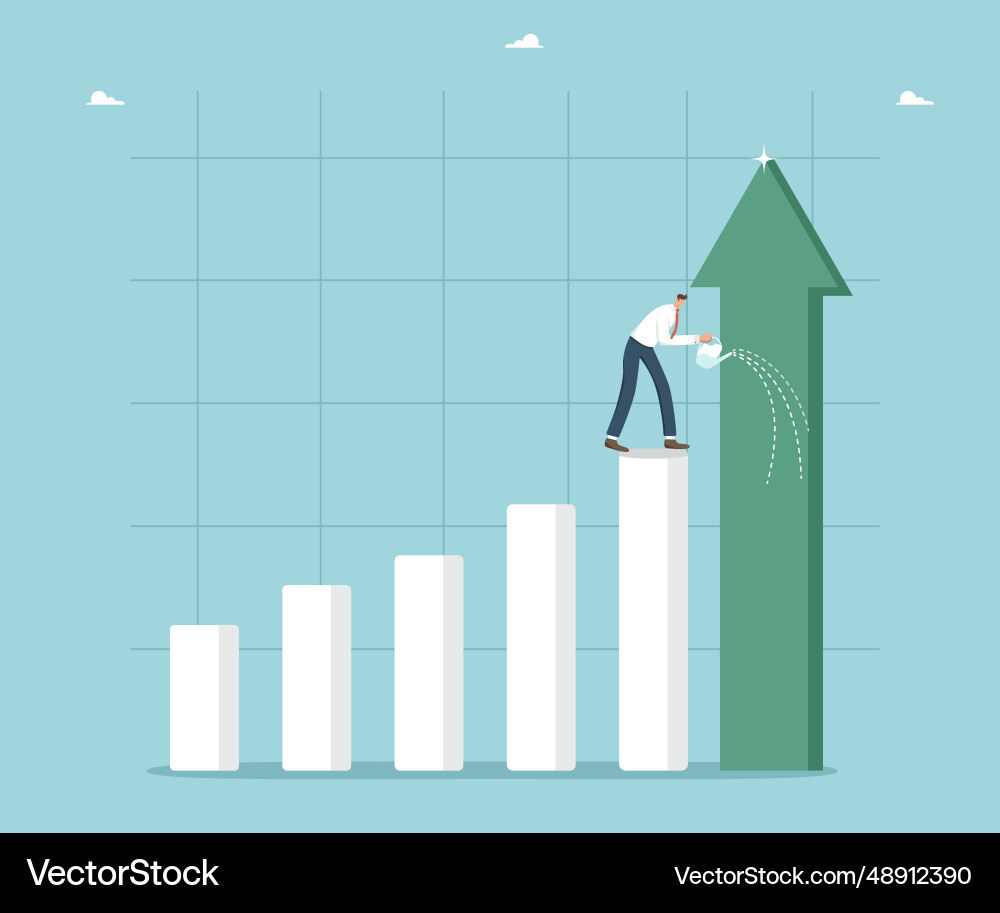 Man waters graph column in form of growing arrow Man waters graph column in form of growing arrow vector image