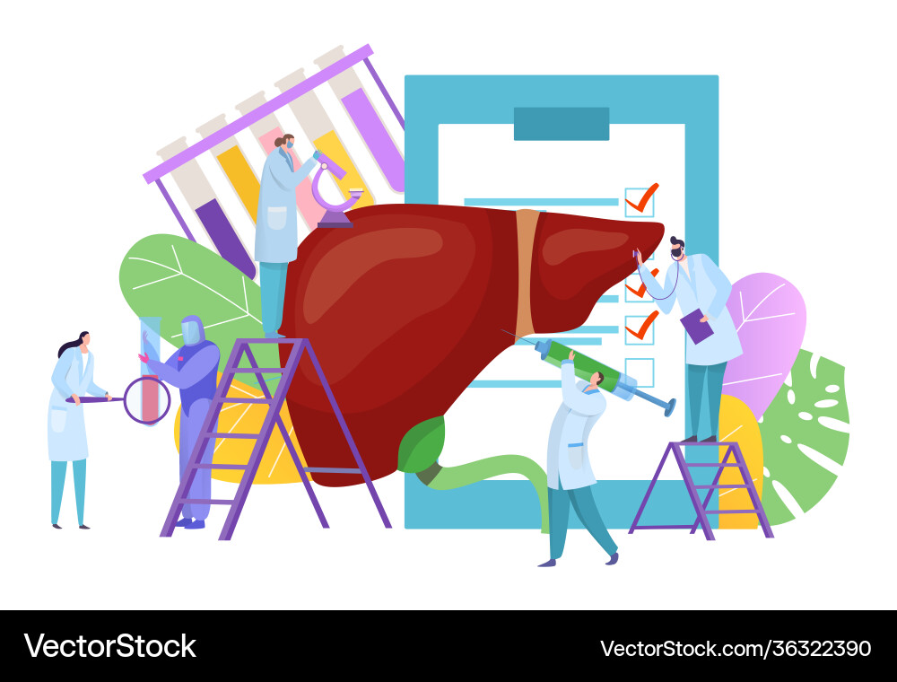 Medical liver diagnostics tiny people disease Medical liver diagnostics tiny people disease Vector Image