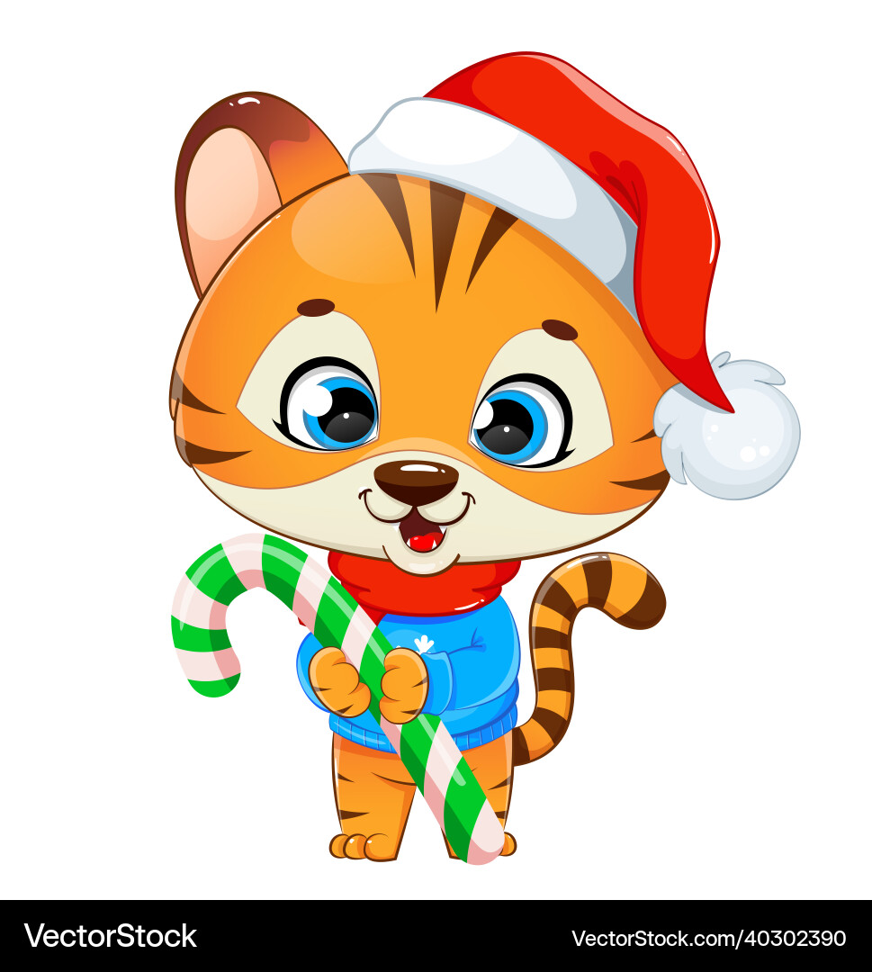 Süße Tiger Kub in Santa Hut hält große Süßigkeiten cane Süße Tiger Kub in Santa Hut hält große Süßigkeiten cane vektorbild