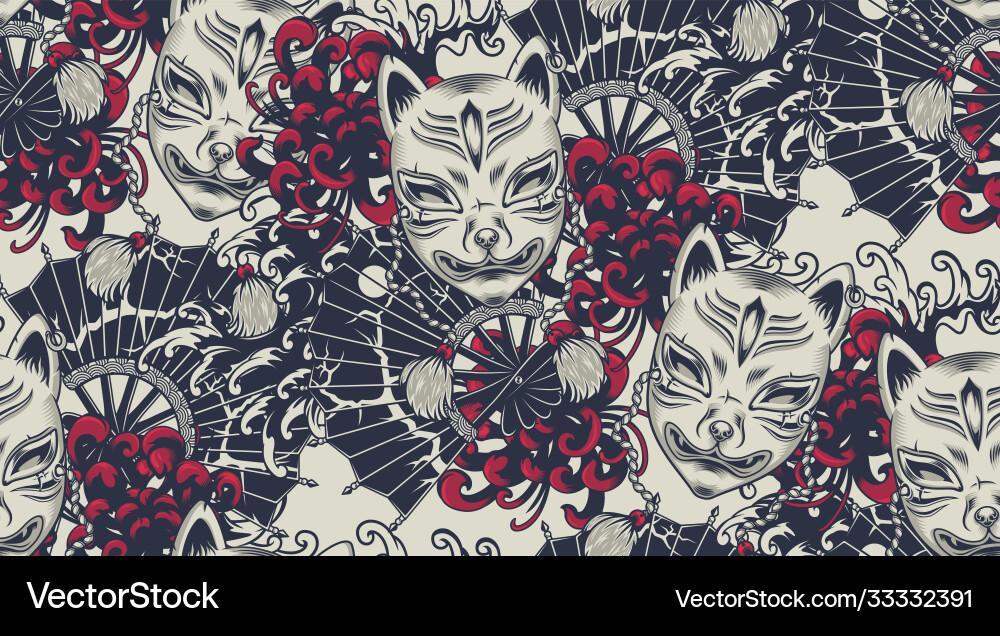 Kitsune Mask Seamless Pattern Vector Image