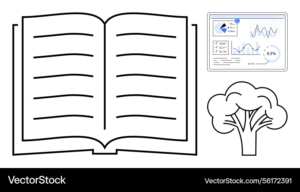 Open book with data analytics dashboard and tree Open book with data analytics dashboard and tree vector image