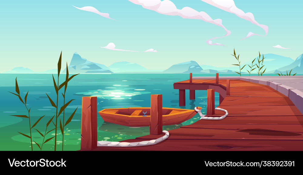 Wooden pier and boat on river natural landscape Wooden pier and boat on river natural landscape vector image