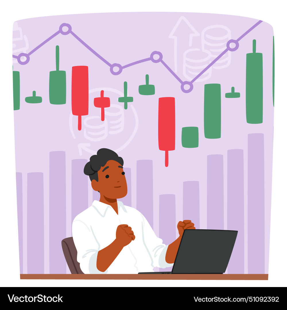 Cryptocurrency trader character sits at a desk Cryptocurrency trader character sits at a desk Vector Image