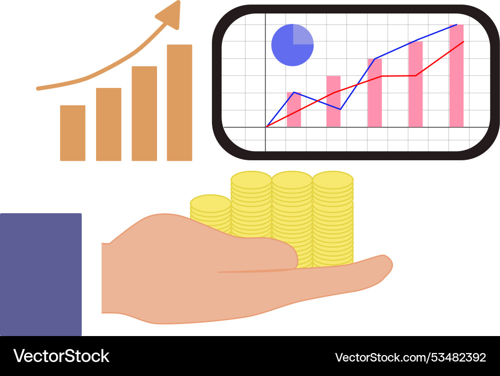 Hand holding a coin with an uptrend graph Hand holding a coin with an uptrend graph Vector Image
