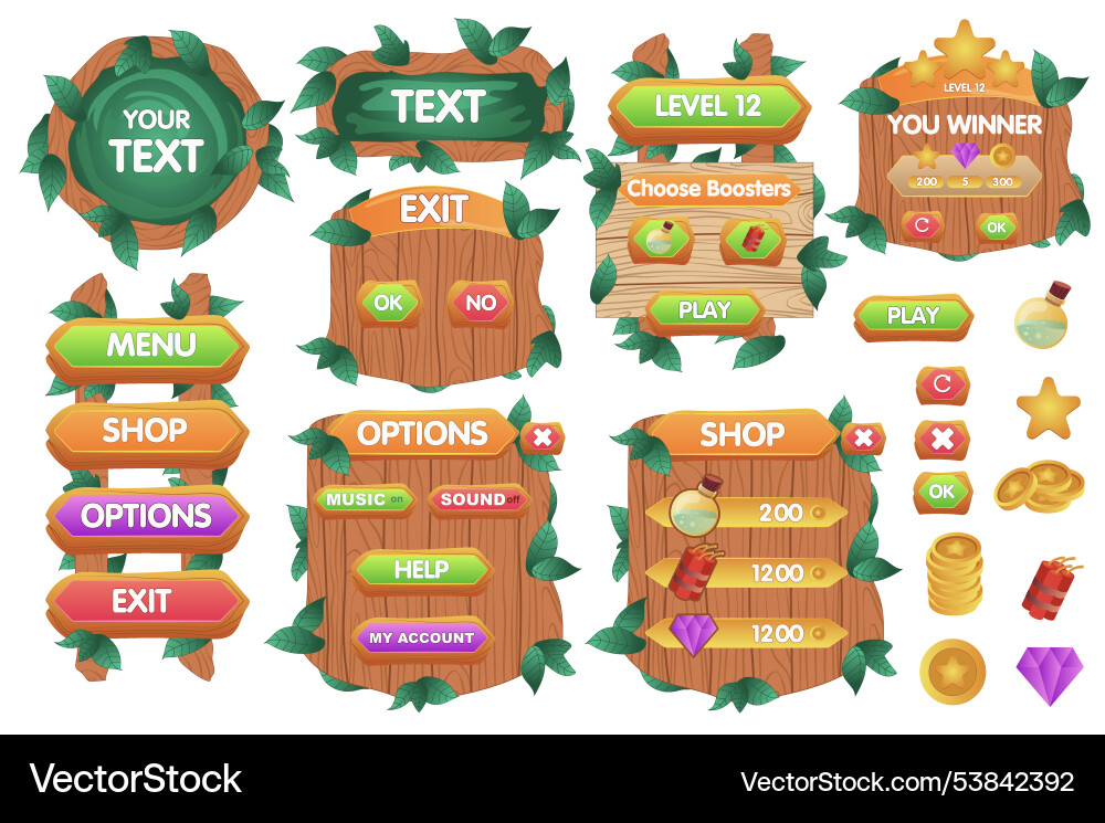 Jungle game interface mega set elements in flat Jungle game interface mega set elements in flat vector image