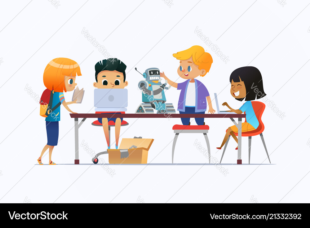 Kids Learning Coding with Robots vector image