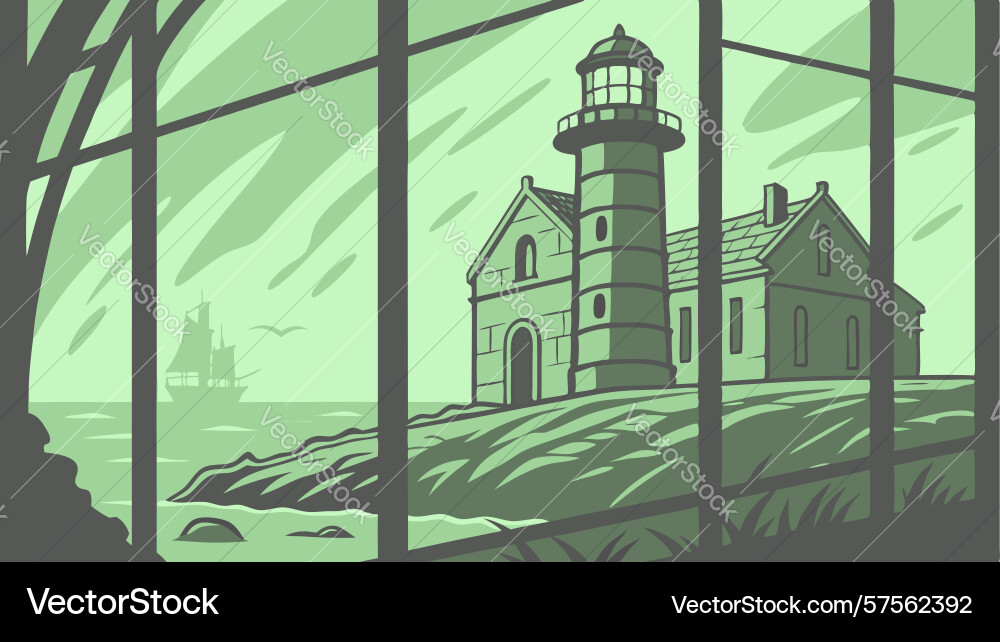 Lighthouse through window coastal view design vector image