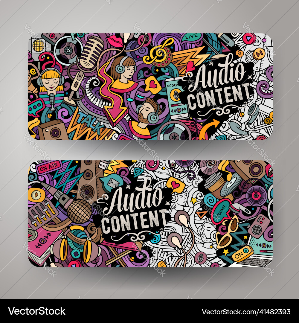 Cartoon doodle set of audio content banners Cartoon doodle set of audio content banners vector image
