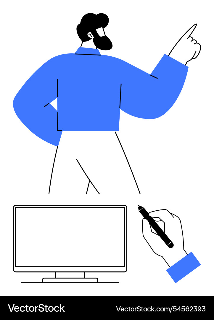 Man pointing forward with desktop monitor and hand Man pointing forward with desktop monitor and hand vector image
