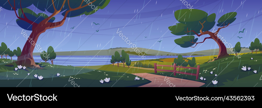 Rural scene with fields river and trees in rain Rural scene with fields river and trees in rain vector image