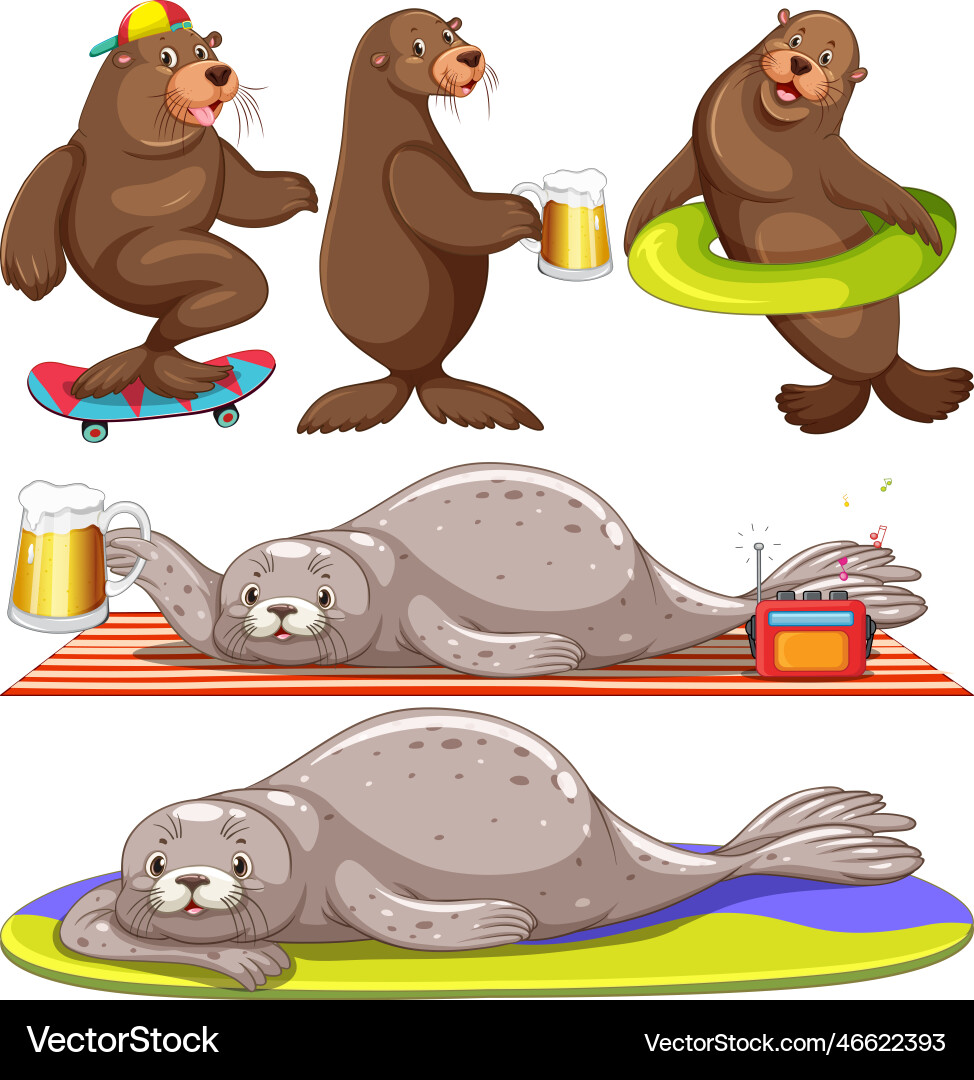 Set von Robbenkarikatur im Sommer Set von Robbenkarikatur im Sommer vektorbild
