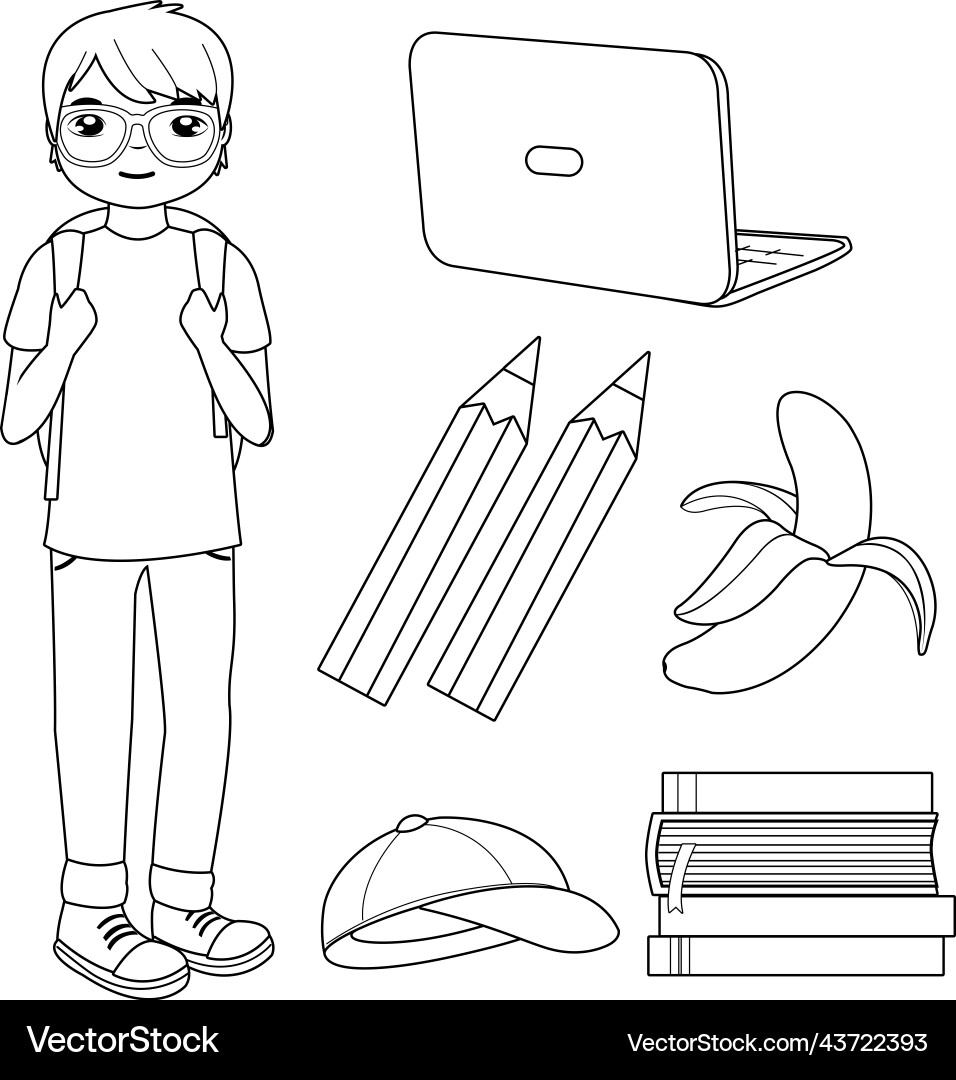 Student boy and set of school objects Vector Image