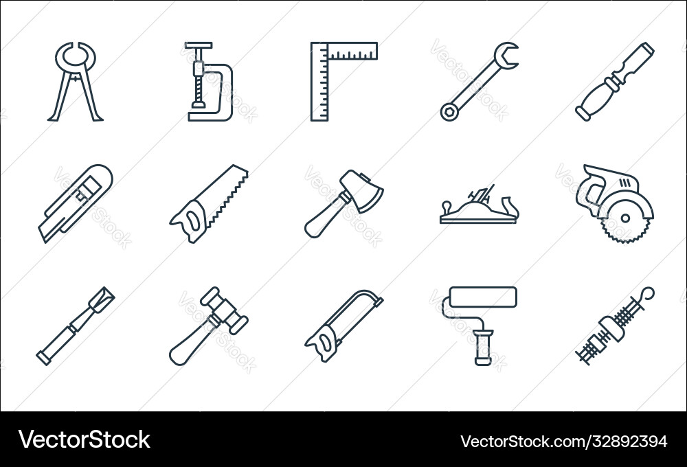 Carpentry line icons linear set quality Carpentry line icons linear set quality vector image