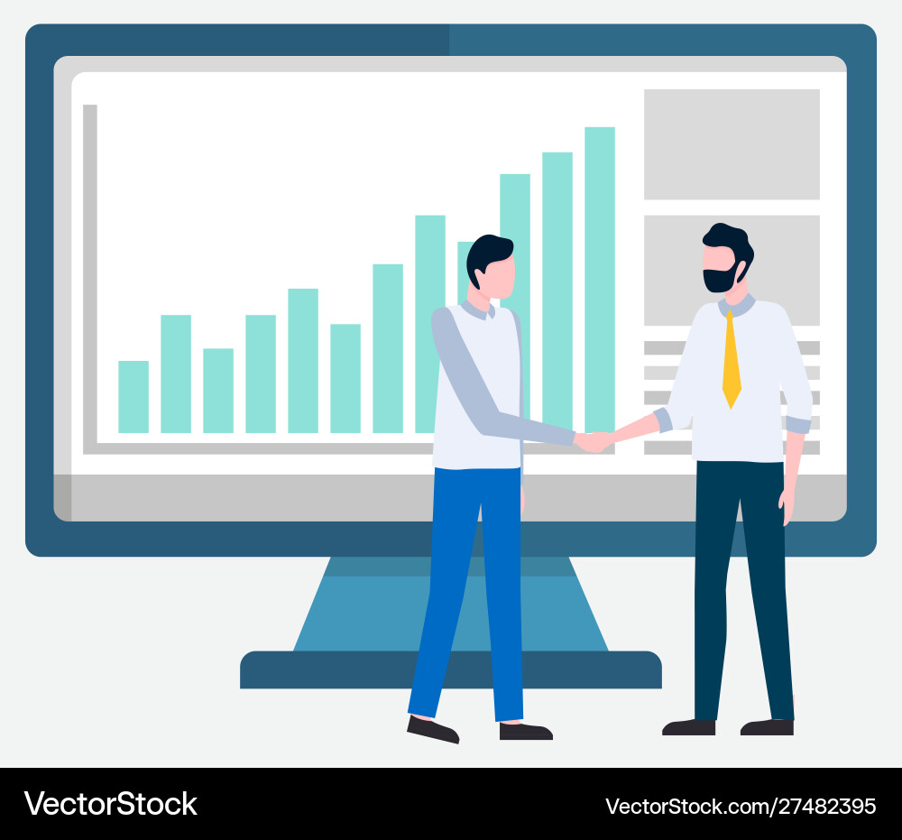 Computer with stats and data partners meeting vector image