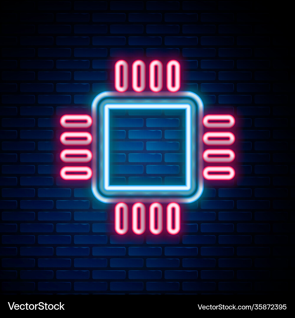 Glowing neon line computer processor Glowing neon line computer processor vector image