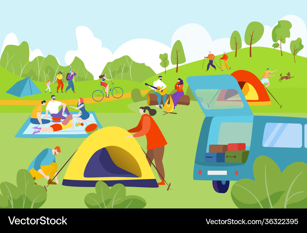 Summer camping outdoors joyful people traveling vector image