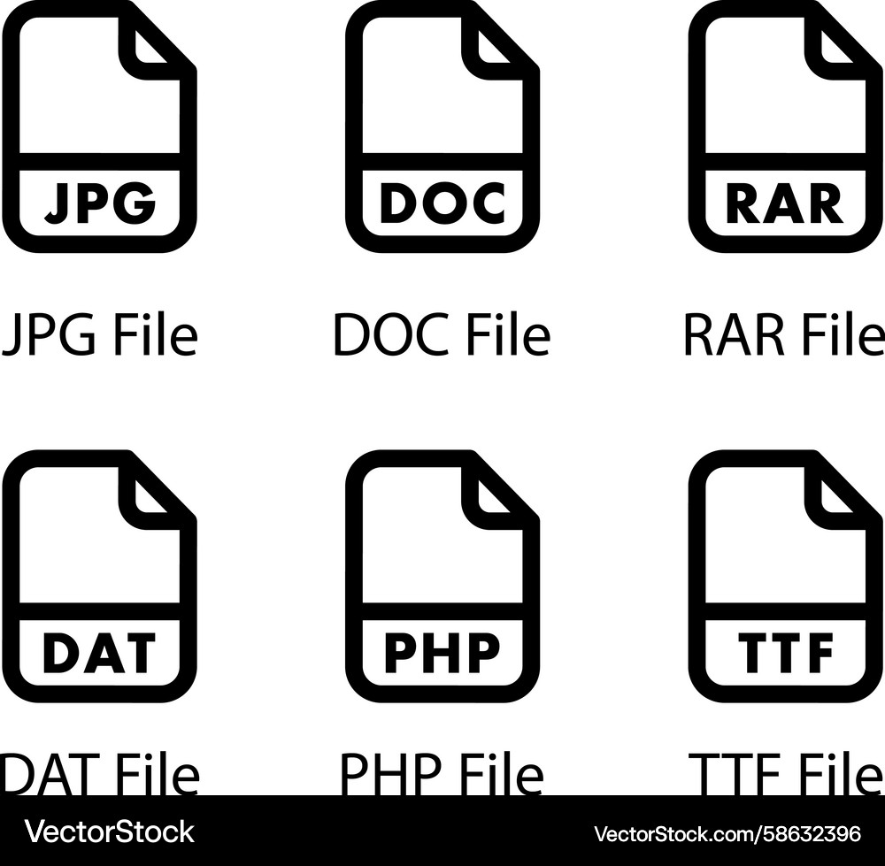 File Icon Set - DOC, JPG, RAR, DAT, PHP, TTF Vector Image