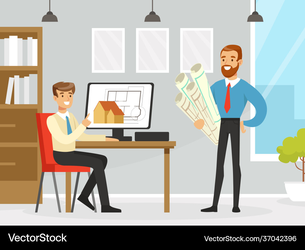 Man architect showing blueprint or draft Man architect showing blueprint or draft Vector Image