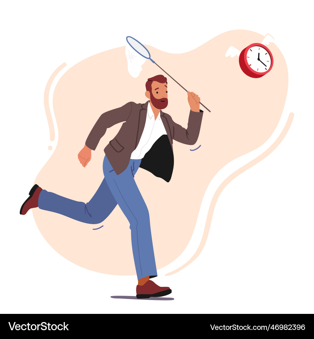 Man rushes to catch alarm clock with butterfly net vector image