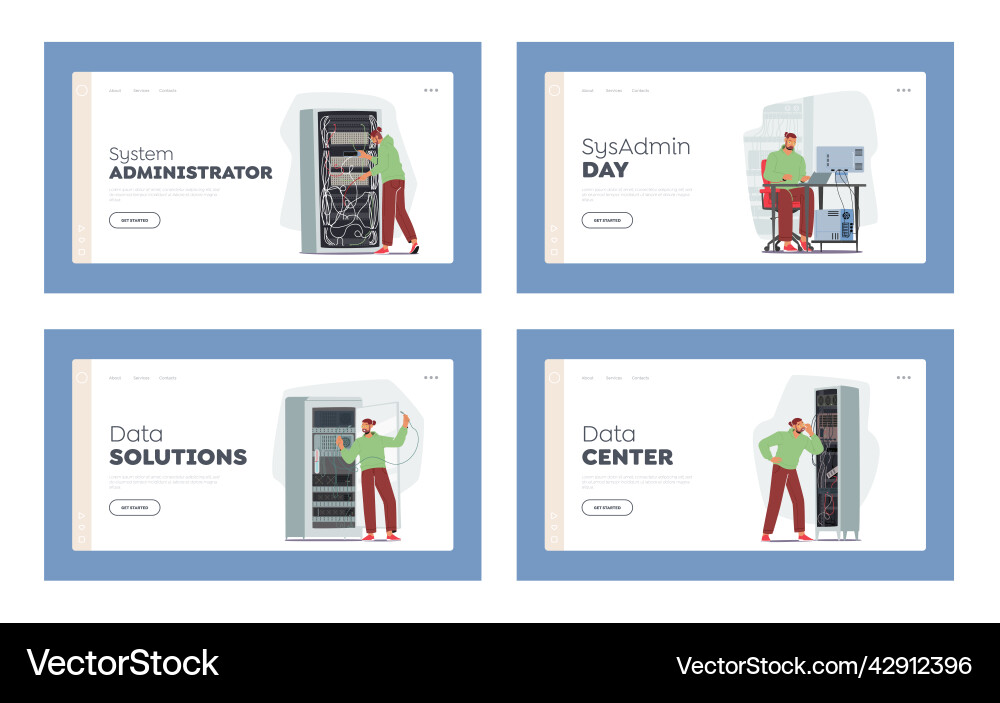 Sysadmin working landing page template set male Sysadmin working landing page template set male vector image
