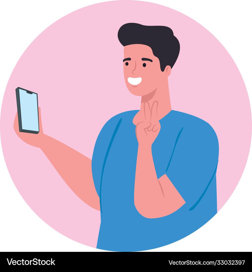 Man using smartphone in circle frame social media Man using smartphone in circle frame social media vector image