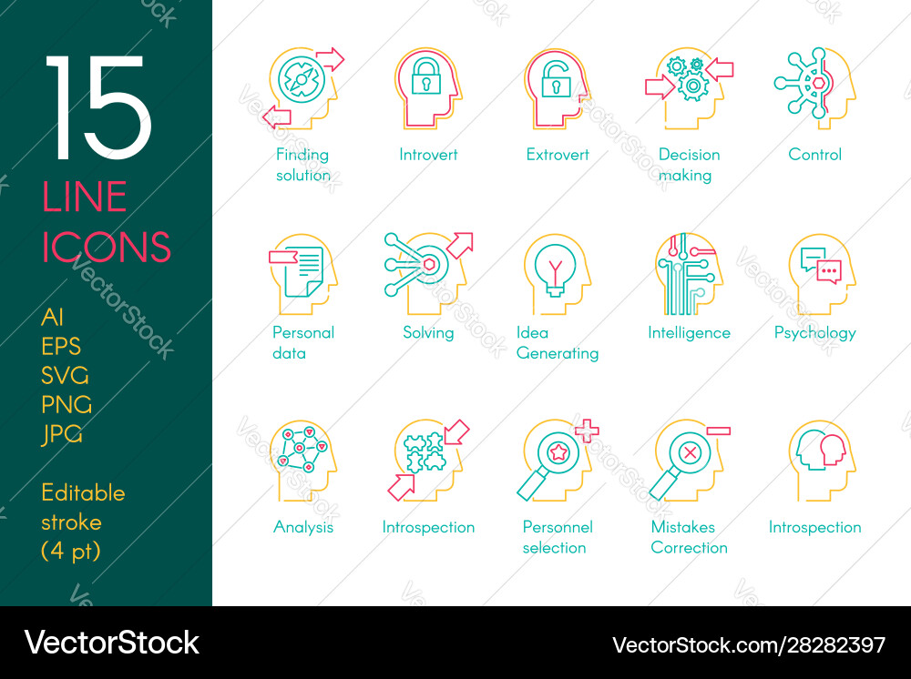 Mental activity color linear icons set Mental activity color linear icons set vector image
