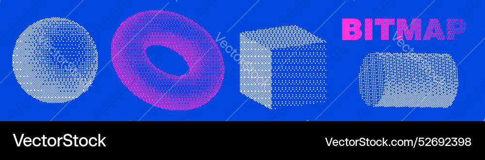 Bitmap pixelated simple 3d shapes set dither Bitmap pixelated simple 3d shapes set dither vector image
