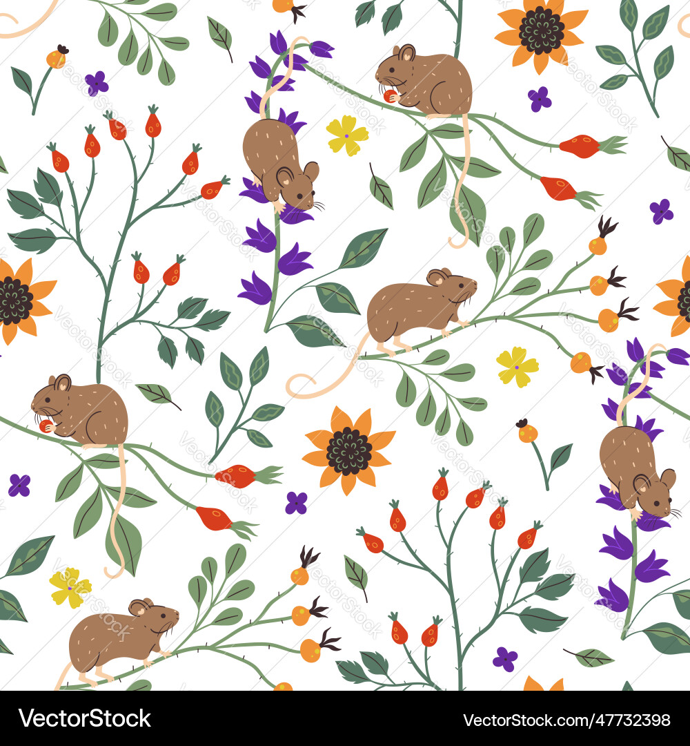 Seamless pattern with cute mice and twigs image Vector Image