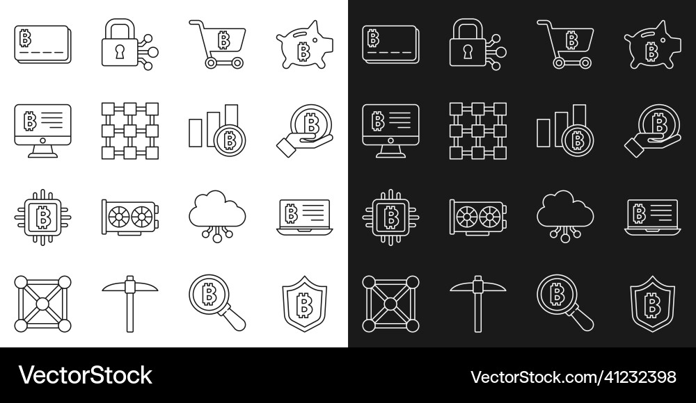 Set line shield with bitcoin mining from laptop Vector Image