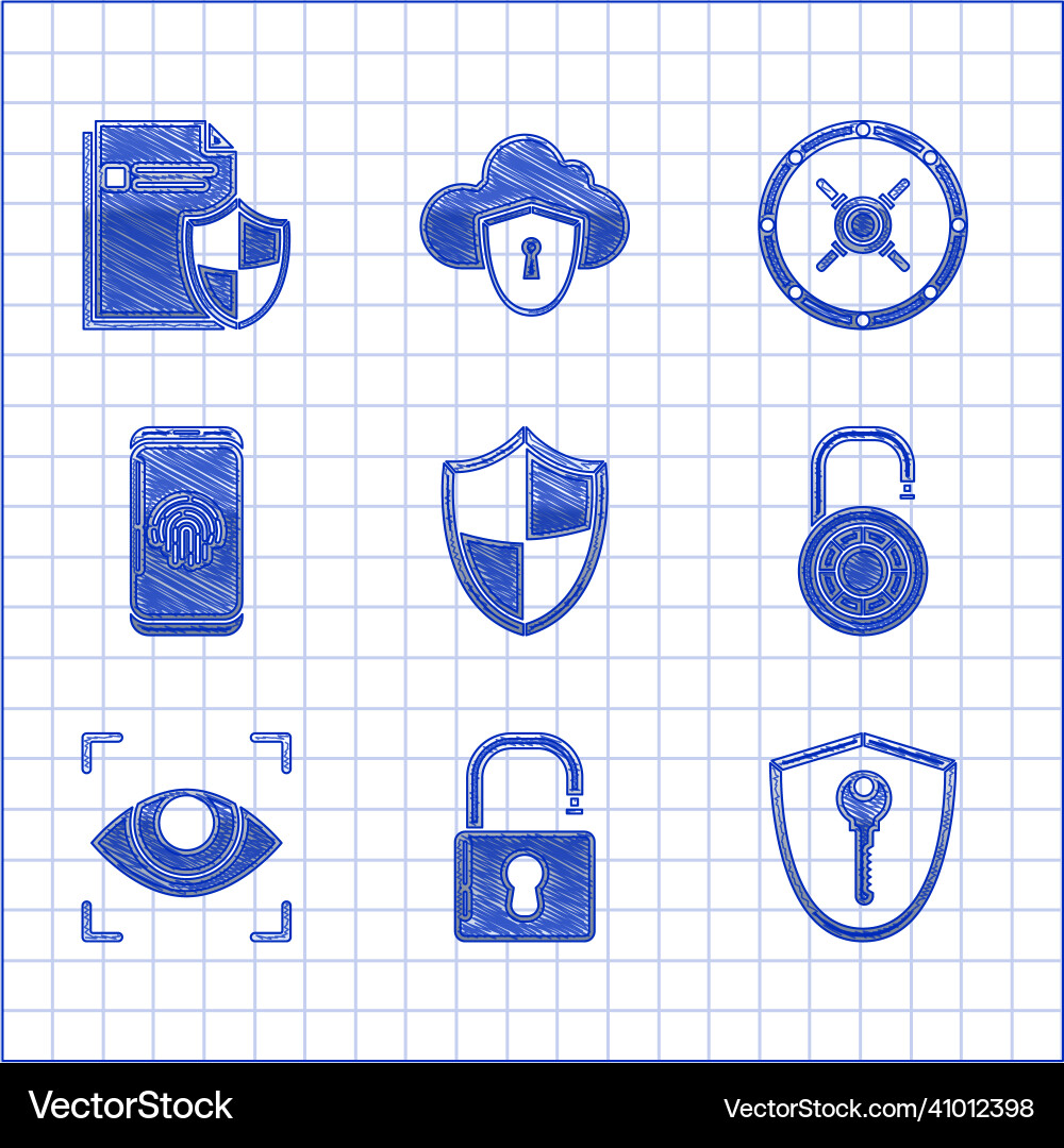 Set shield open padlock with key safe Set shield open padlock with key safe vector image