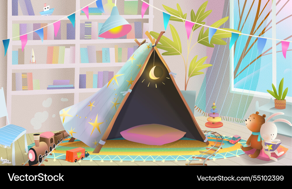 Kinderspielzimmer Interieur mit Zeltspielzeug und Büchern Kinderspielzimmer Interieur mit Zeltspielzeug und Büchern vektorbild