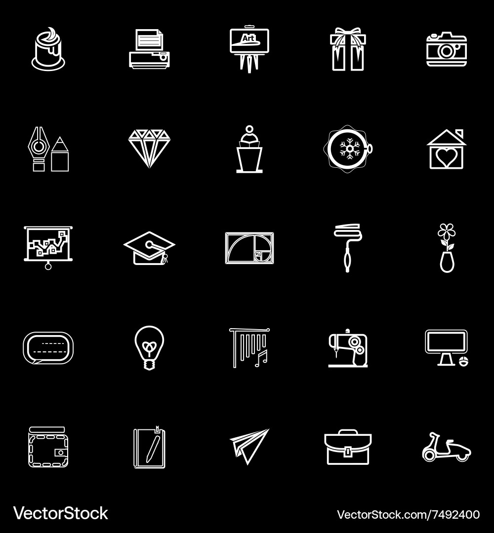 Art and creation line icons on black background vector image