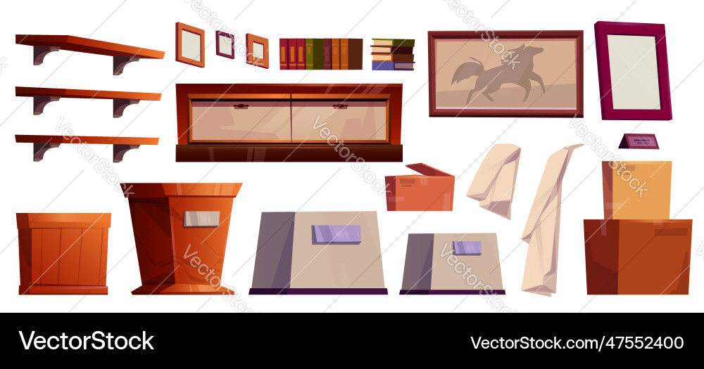 Cartoon museum gallery interior furniture set Cartoon museum gallery interior furniture set vector image