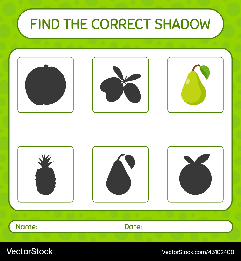 Find the correct shadows game with pear worksheet Find the correct shadows game with pear worksheet vector image