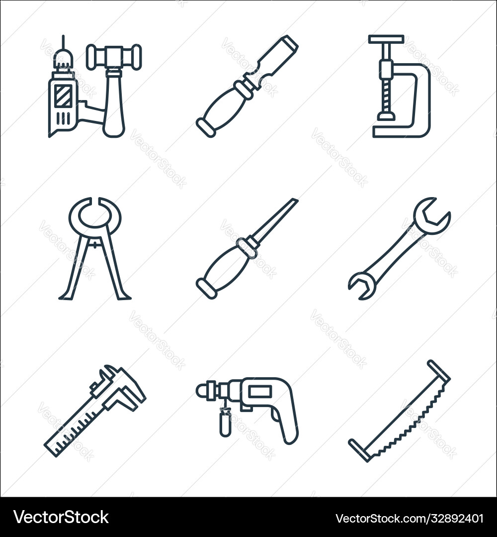 Carpentry line icons linear set quality Carpentry line icons linear set quality vector image