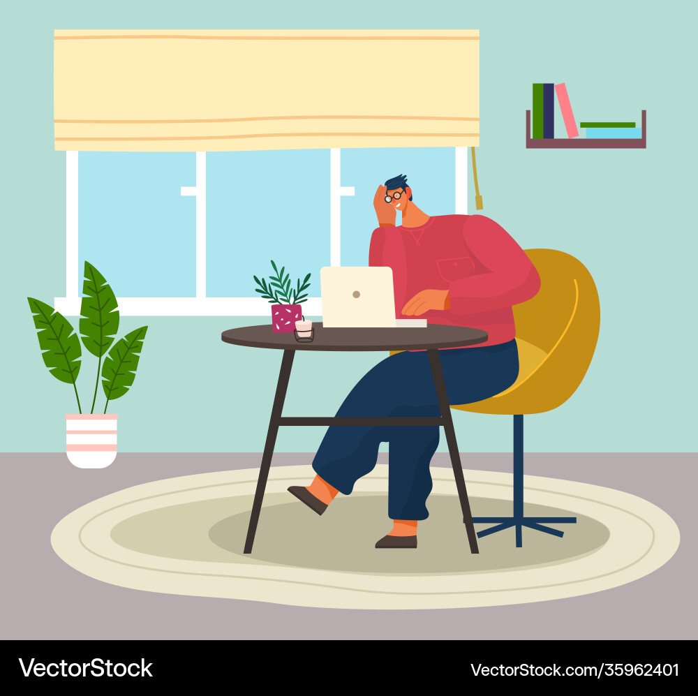 Programmer in eyeglasses with on table sitting Vector Image